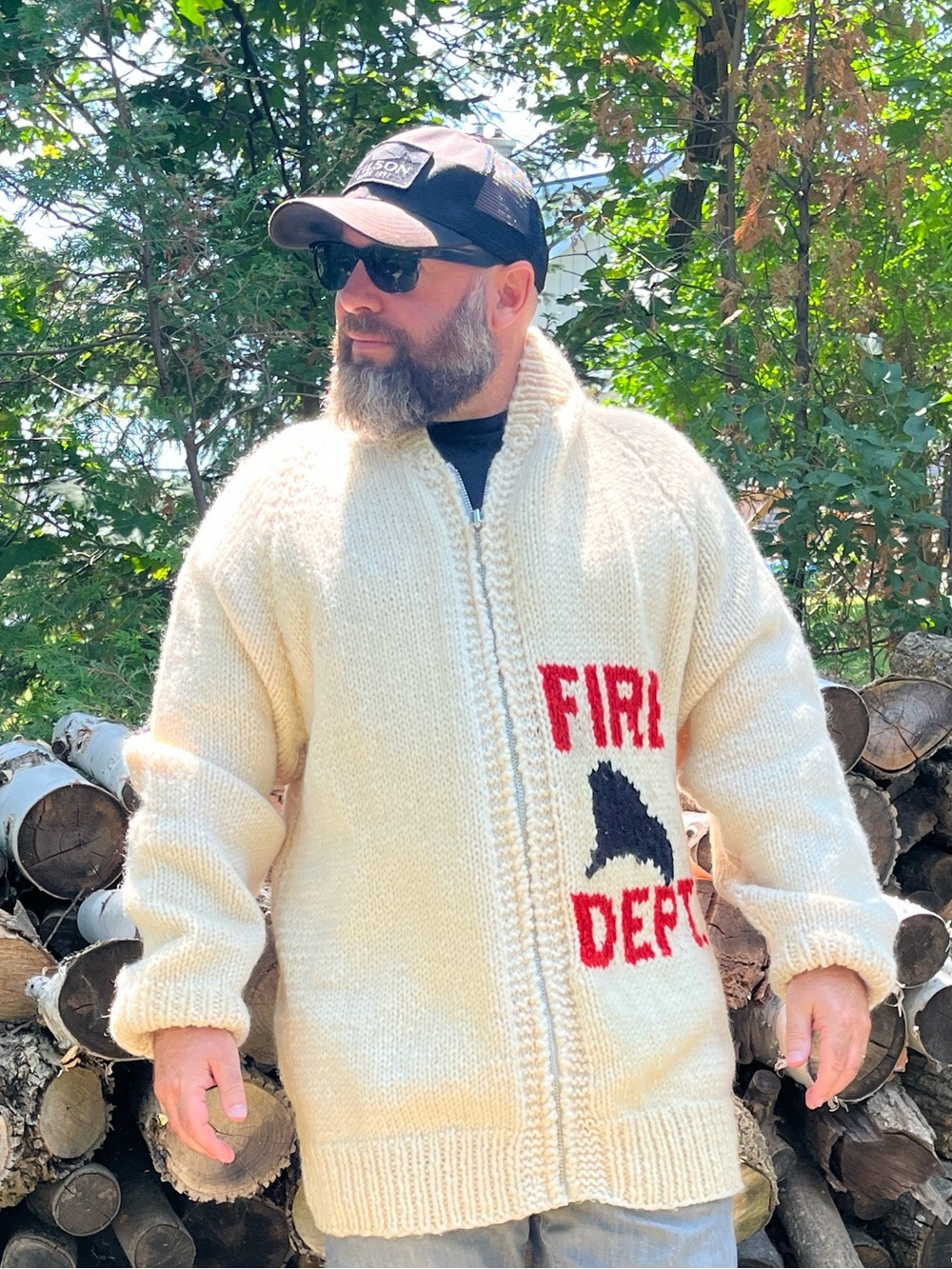 Cream Handmade Mary Maxim Zip-Up Knit Sweater with Red & Black Fire Truck